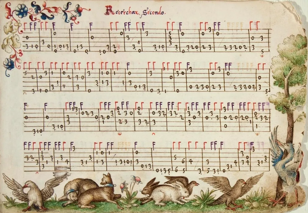 Medieval music manuscript with illustrated animals.