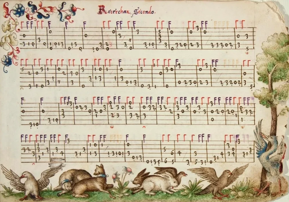 Medieval music manuscript with illustrated animals.